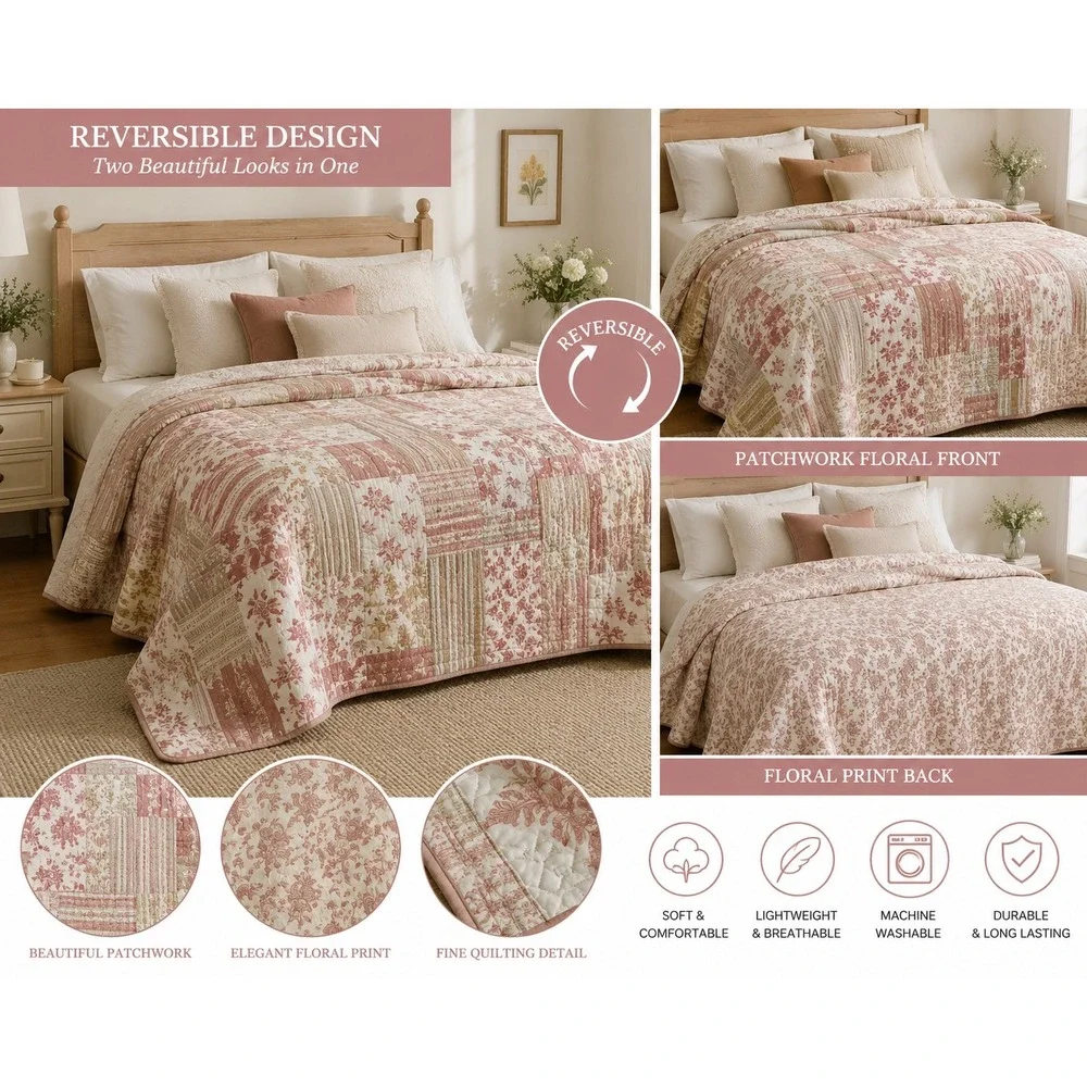 Quilt Unisex Full/Queen Pink Patchwork Floral Reversible Bedspread